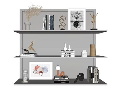 Decorative Ornaments Combination On Multi Layer Shelf With Sculptures Vases Books And Paintings 3d model