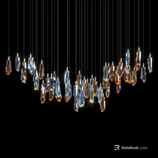 Modern Crystal Chandeliers With Transparent And Golden Drops Hanging On Black Background 3d model 