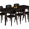 Dark Rectangular Dining Table Set with Six Woven Back Chairs and Fruit Bowl on Top