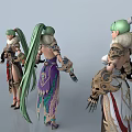 Game Movie Character Featuring Green Long Hair And Ornate Outfits In Multi Angle View