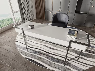 Modern Desk With White Tabletop And Metal Frame Black Chair On Rug Green View 3d model
