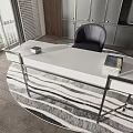 Modern Desk With White Tabletop And Metal Frame Black Chair On Rug Green View