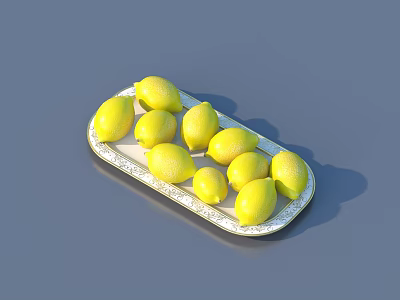 Fresh Lemons on White Rectangular Tray with Decorative Edges against Gray Background 3d model