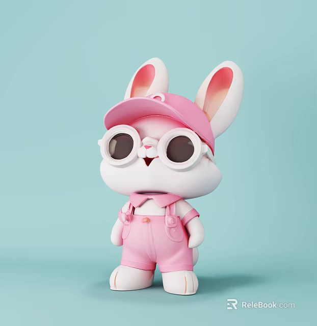 Cute Rabbit Doll with Pink Hat White Glasses Pink Bow Tie on Light Blue Background 3d model 