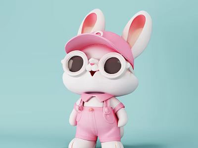 Cute Rabbit Doll with Pink Hat White Glasses Pink Bow Tie on Light Blue Background 3d model