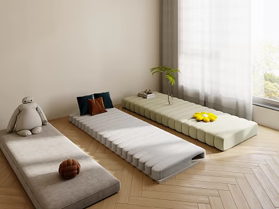 Soft Padded Floor Mattresses In Gray White Green With Wooden Floor Window And Potted Plant 3d model