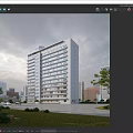 Modern Office Building Exterior With Glass Curtain Walls Urban Setting Trees And People Walking