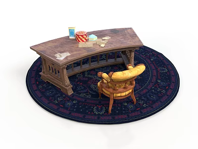 Wooden Writing Table With Intricate Details And Upholstered Armchair On Decorative Round Rug 3d model