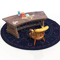 Wooden Writing Table With Intricate Details And Upholstered Armchair On Decorative Round Rug