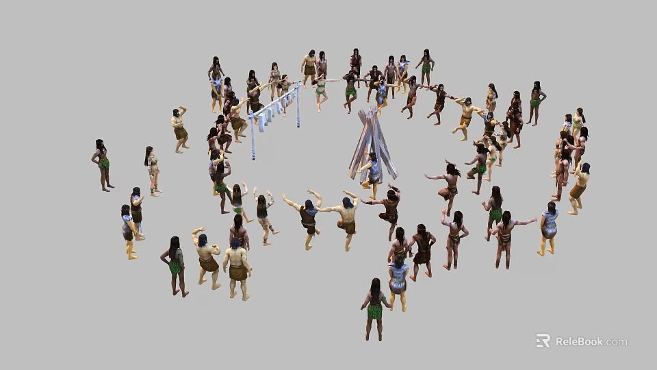 Game Movie Characters Gathered In Circle Around Central Structure During Tribal Activity 3d model 