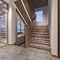 Stylish Restaurant Interior With Wooden Staircase Glass Doors Carpeted Steps And Exterior View