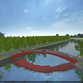 Red Arch Bridge Over Calm Water With Green Trees And Clear Sky Reflection 3d model