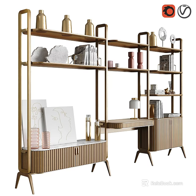 Decorative Ornaments Set on Modern Wooden Shelves with Plates Books Vases Lamp and Paintings 3d model 