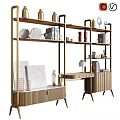 Decorative Ornaments Set on Modern Wooden Shelves with Plates Books Vases Lamp and Paintings