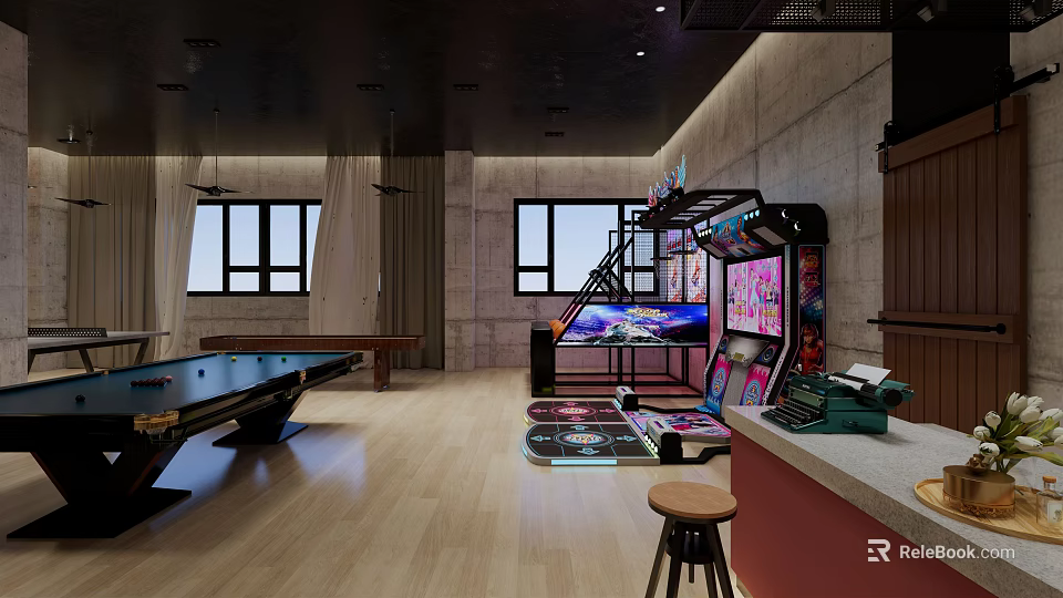 Modern Clubhouse with Pool Table Arcade Games and Bar Counter Leisure Area 3d model 
