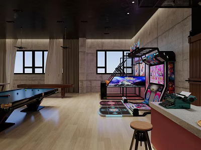 Modern Clubhouse with Pool Table Arcade Games and Bar Counter Leisure Area 3d model