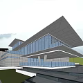 Modern Sales Office Building with Glass Curtain Walls Terraced Steps and Green Lawn Mountain Backdrop