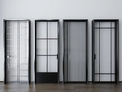 Modern Hinged Doors with Black Frames Various Glass Designs Including Grid Panels and Vertical Slats 3d model
