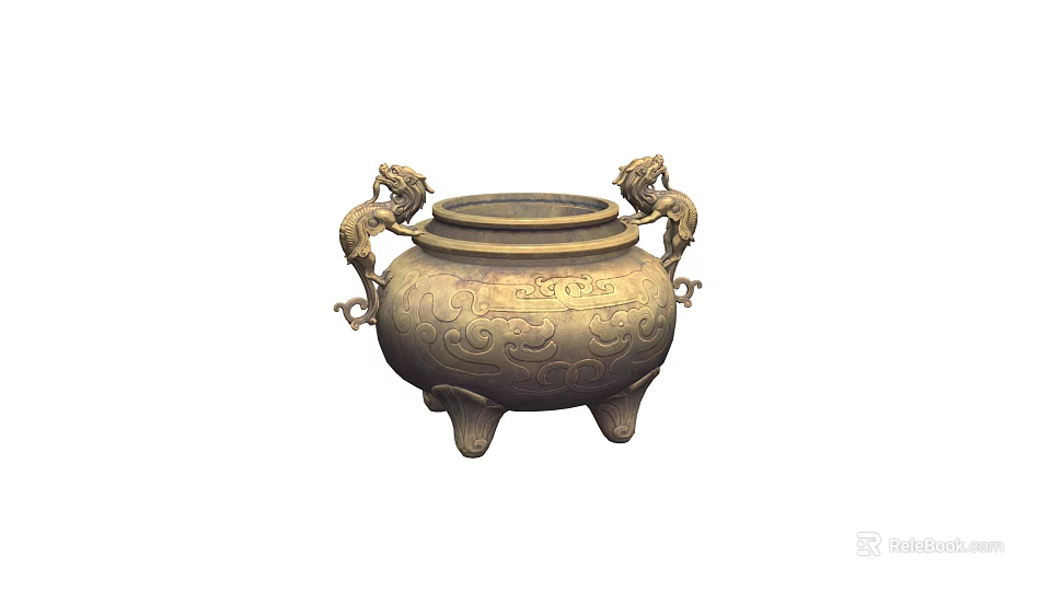 Ancient Bronze Tripod Censer with Dragon Handles and Intricate Patterns 3d model