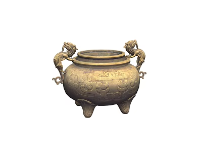 Ancient Bronze Tripod Censer with Dragon Handles and Intricate Patterns 3d model