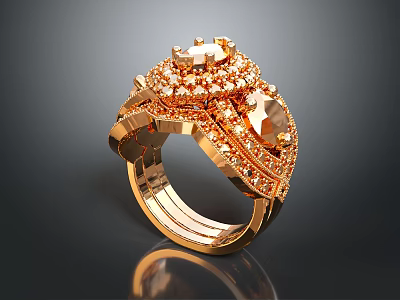 Luxurious Rose Gold Ring with Intricate Gemstone Setting and Ornate Diamond Details 3d model