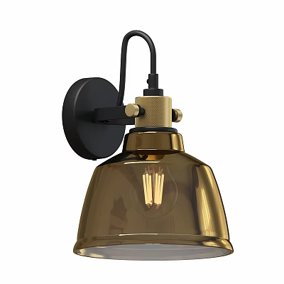 Modern Golden Wall Light with Black Base Brass Accents and Exposed Bulb 3d model
