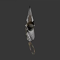 White Hand Holding Ornate Sword With Golden Accents Black Details And Chain