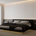 Modern Minimalist Bedroom Interior With White Curtains Black Headboard And Light Carpet