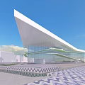 Modern Glass Facade Library Building Featuring Sloped Roof And Waterfront Plaza