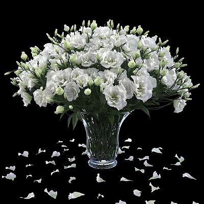 Decorative Ornament Set With Transparent Glass Vase White Flowers And Scattered Petals On Black Background 3d model