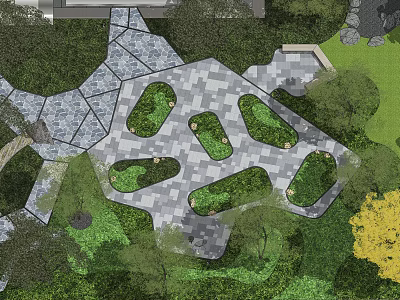 Geometric Courtyard Garden Design With Stone Pathway Green Patches And Surrounding Trees 3d model