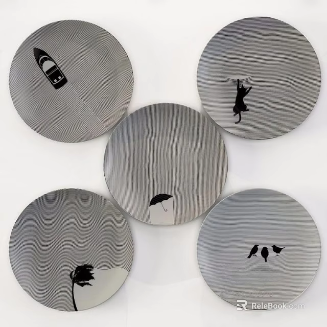 Decorative Plates Featuring Gray Wavy Texture and Black Silhouette Boat Cat Umbrella Bird Designs 3d model 