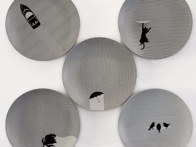 Decorative Plates Featuring Gray Wavy Texture and Black Silhouette Boat Cat Umbrella Bird Designs 3d model