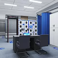 Modern Public Office Area with Reception Desk Large Screen Display and Indoor Plants