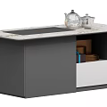 Modern Tea Table With Marble Countertop Built In Tray Teapot And Gray Cabinet Drawers