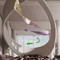 Modern Lounge Area With Curved Structure Sofa Sets Floor To Ceiling Windows And Colorful Decorations 3d model