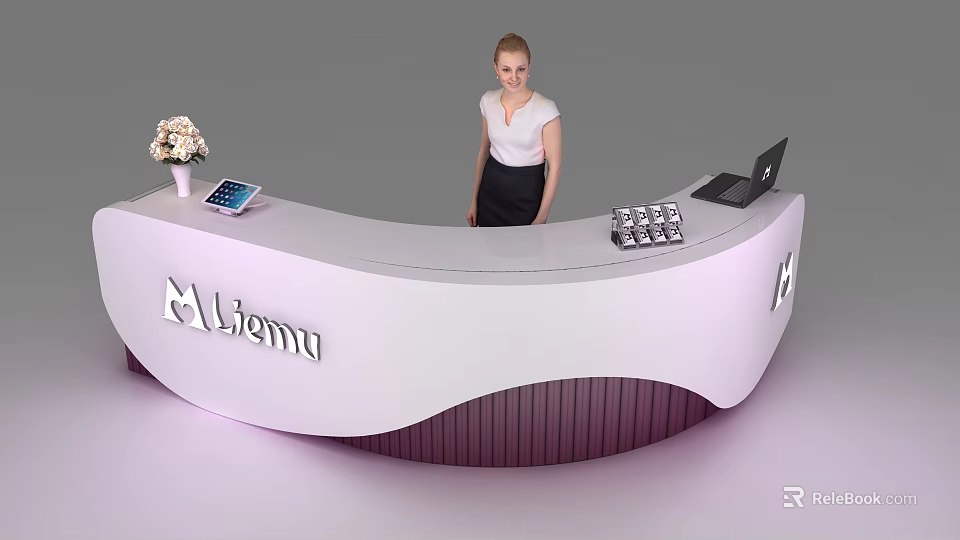 Modern White Curved Reception Desk With Liemu Logo Tablet Laptop Flower Vase And Receptionist 3d model 