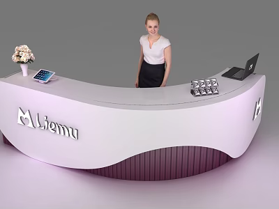 Modern White Curved Reception Desk With Liemu Logo Tablet Laptop Flower Vase And Receptionist 3d model