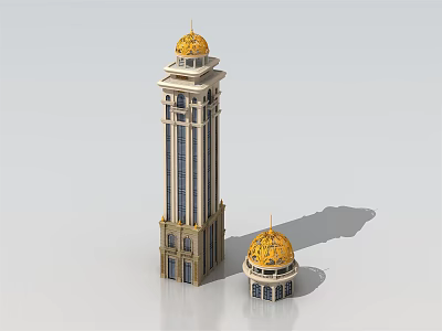 Classic European Architecture Featuring Tall Tower And Smaller Golden Domed Building With Striped Details 3d model