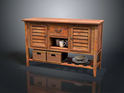 Rustic Wooden Cabinet With Shutter Doors Drawer And Wicker Baskets Tray Holding Mug And Plate 3d model