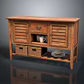 Rustic Wooden Cabinet With Shutter Doors Drawer And Wicker Baskets Tray Holding Mug And Plate