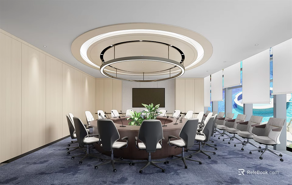 Modern Conference Room With Round Table Chairs Circular Ceiling Light And Large Screen 3d model 