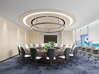 Modern Conference Room With Round Table Chairs Circular Ceiling Light And Large Screen 3d model