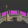 Modern Urban Scene Featuring Pink Railings Bridge Green Street Lamp Piano And Table