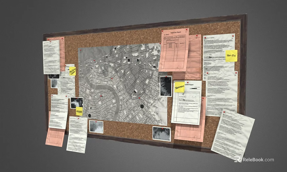 Public Facility Community Corkboard With Attached Papers Map Photos And Notes 3d model 