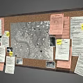 Public Facility Community Corkboard With Attached Papers Map Photos And Notes 3d model