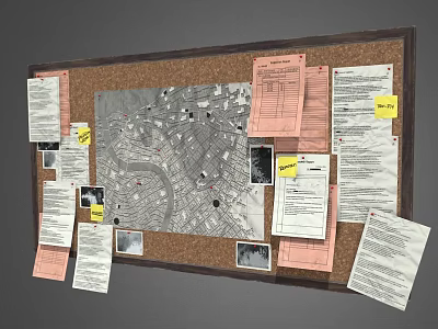 Public Facility Community Corkboard With Attached Papers Map Photos And Notes 3d model