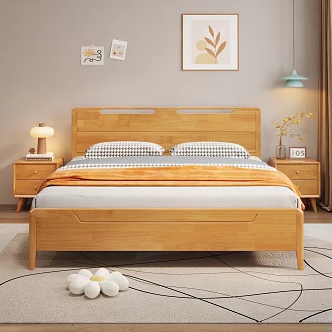 Nordic Minimalist Bedroom Double Solid Wood Bed Original Wood Bed 3d model