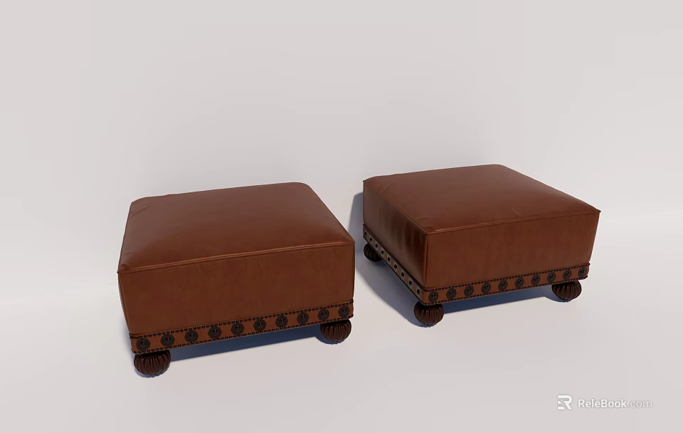 Brown Leather Ottoman Footstool With Decorative Studs And Caster Wheels 3d model 