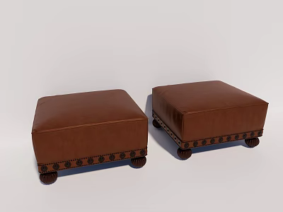 Brown Leather Ottoman Footstool With Decorative Studs And Caster Wheels 3d model